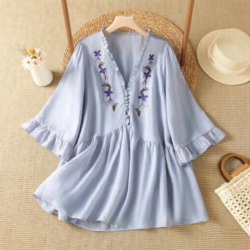 Embroidery Cotton Shirt - Elegant paars bloemenborduurwerk katoenen linnen overhemd,