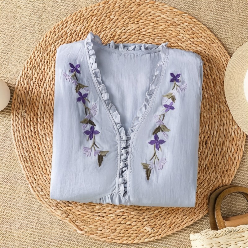 Elegant paars bloemenborduurwe - Embroidery Cotton Shirt recensie en prijs